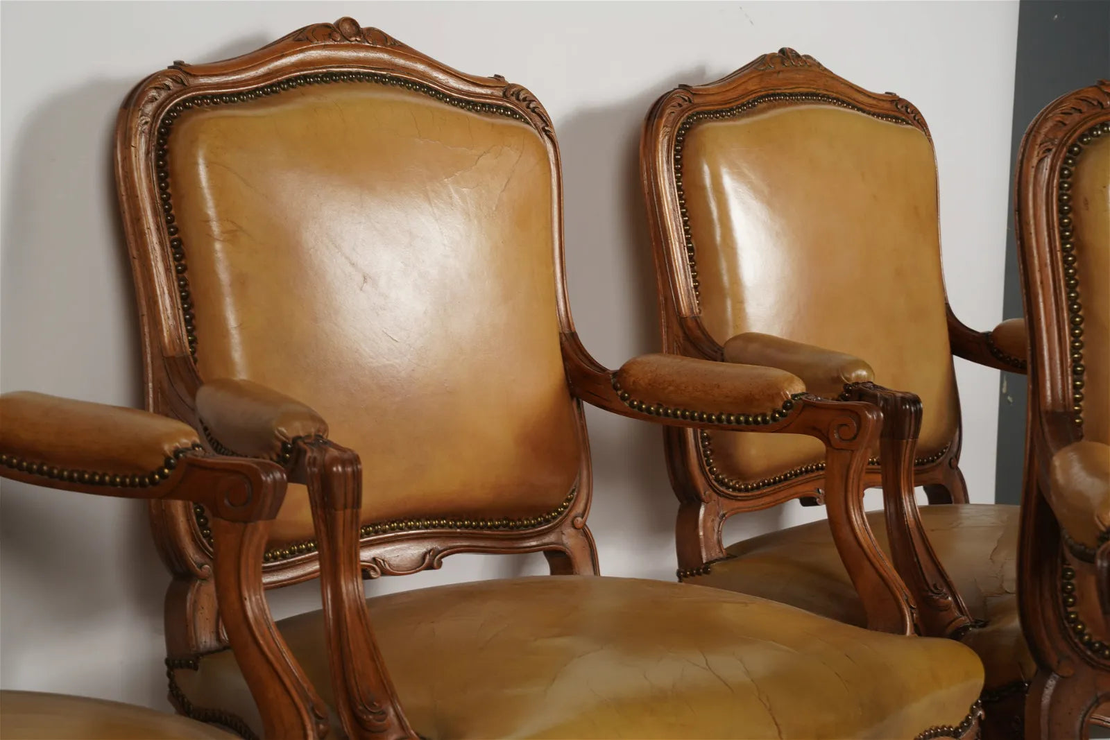AF2-036: Pair of Late 20th Century French Provincial Fruitwood Fauteuils w/ Leather Upholstery