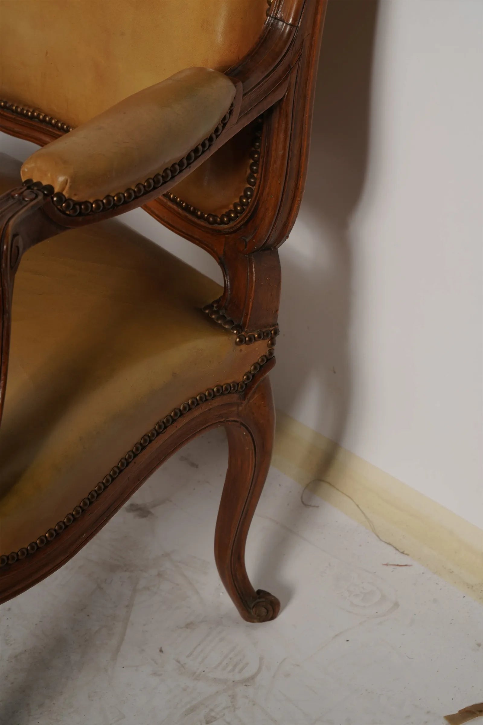 AF2-037: Pair of Late 20th Century French Provincial Fruitwood Fauteuils w/ Leather Upholstery
