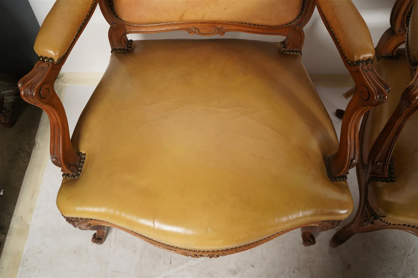 AF2-036: Pair of Late 20th Century French Provincial Fruitwood Fauteuils w/ Leather Upholstery