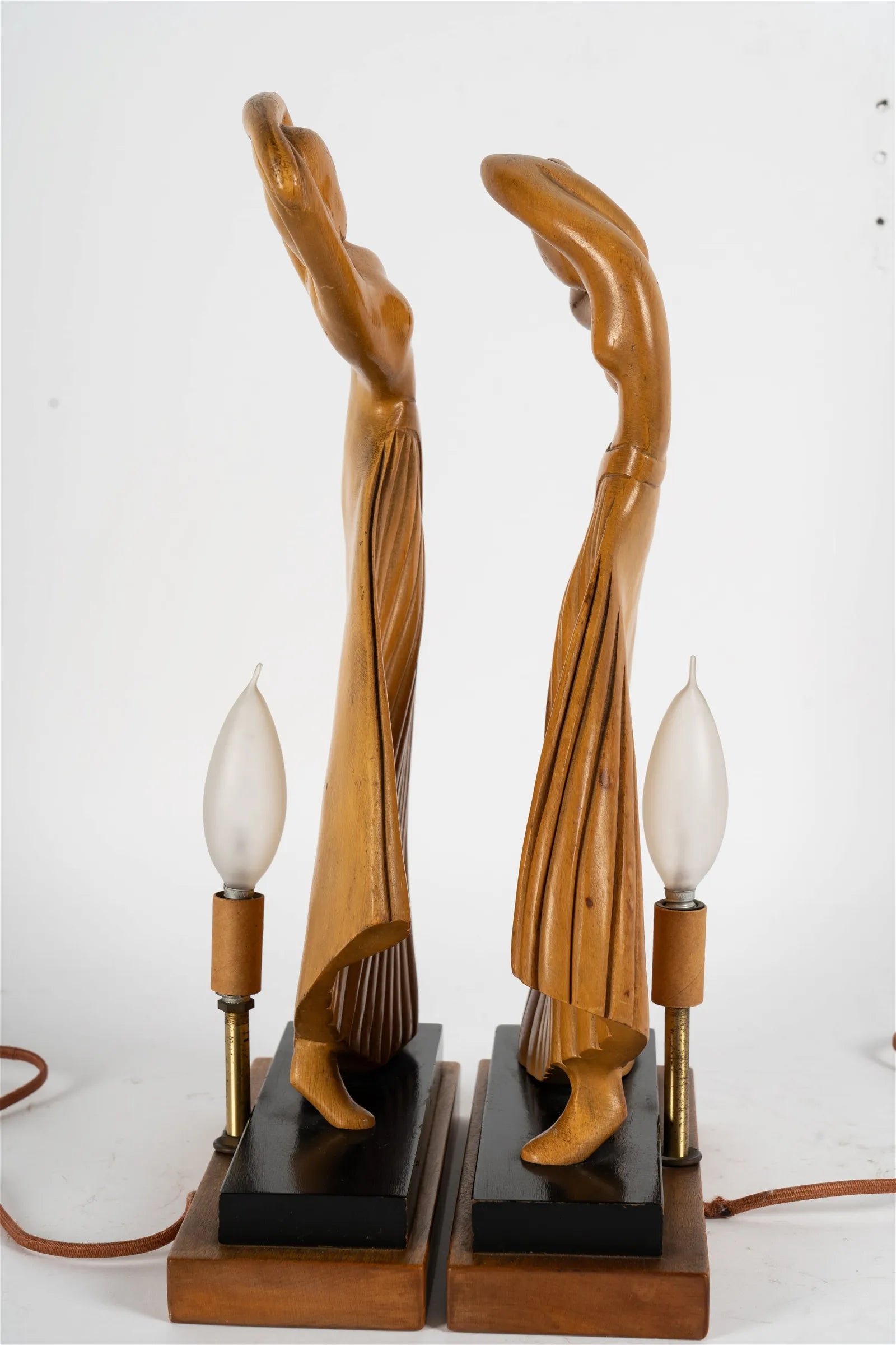 AL2-019: Pair of Art Deco Figural Dancer Carved Wood Table Lamps