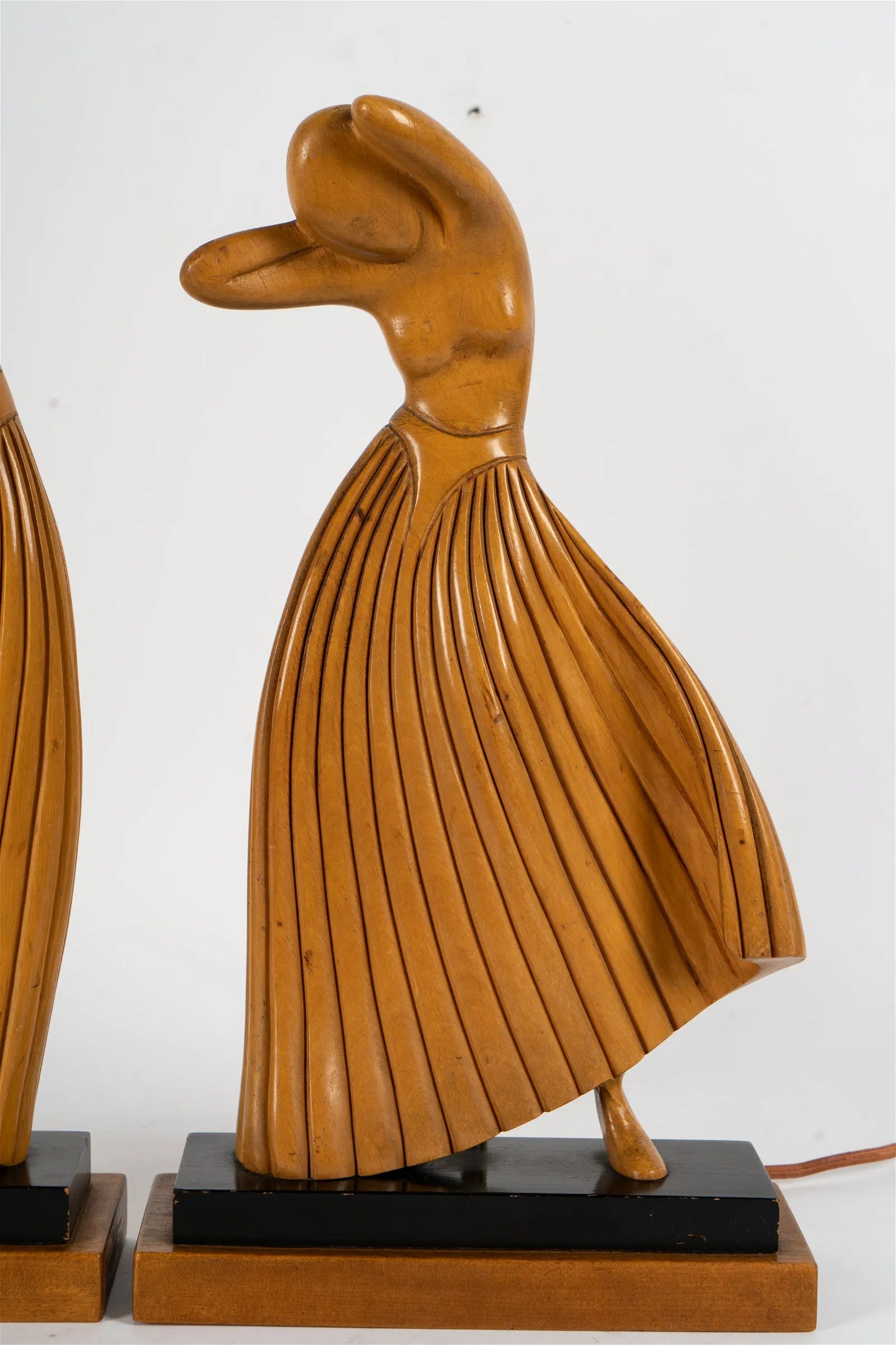 AL2-019: Pair of Art Deco Figural Dancer Carved Wood Table Lamps