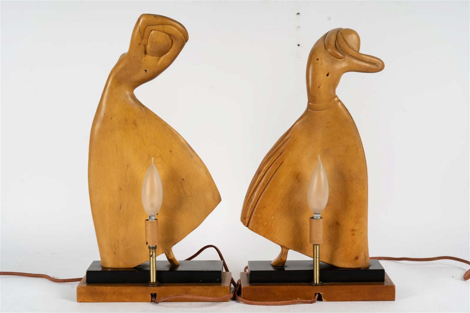 AL2-019: Pair of Art Deco Figural Dancer Carved Wood Table Lamps