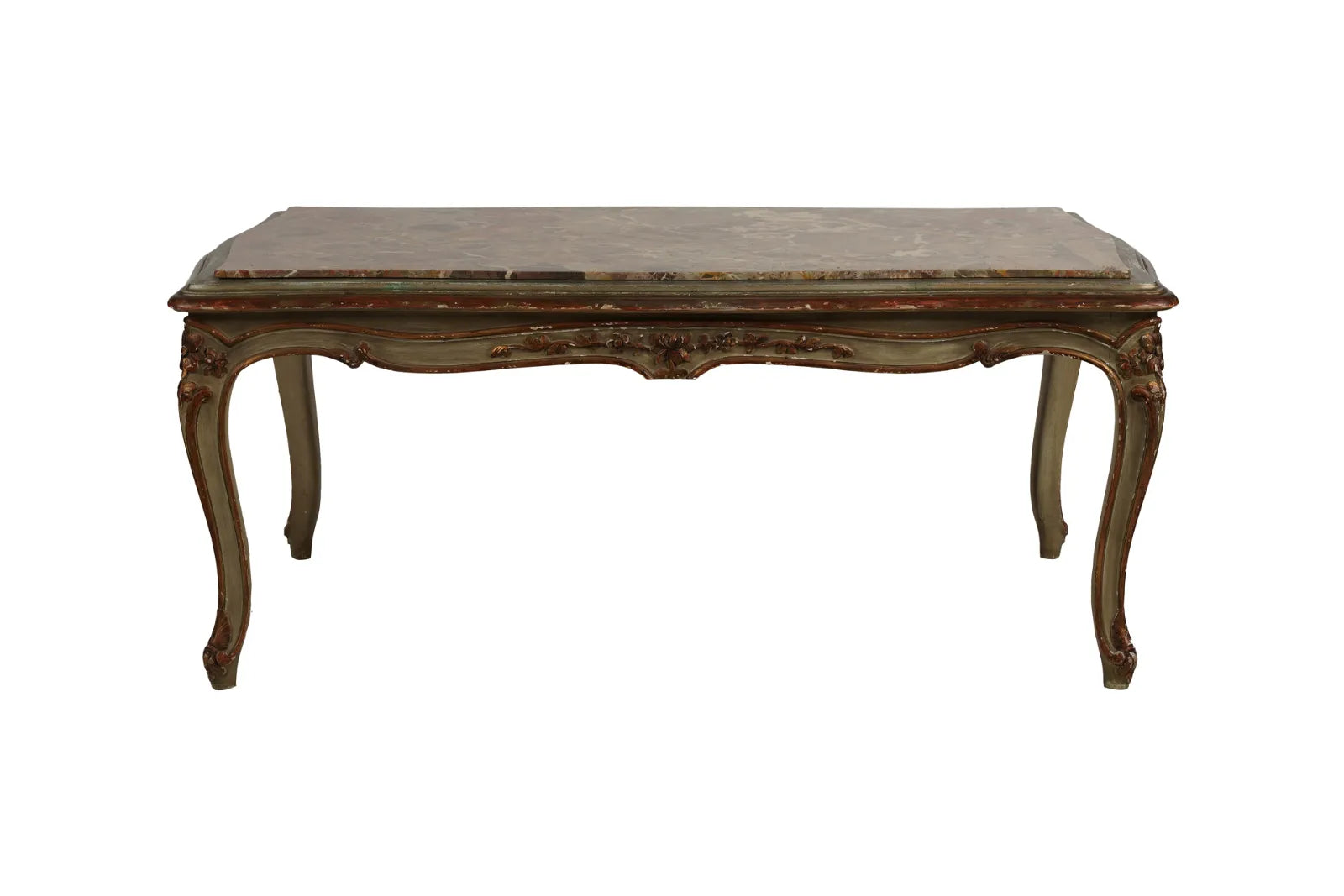 AF1-041: Antique French Rococo Style Coffee Table w/ Marble Top and Polychrome Gilt Painted Finish Circa 1900