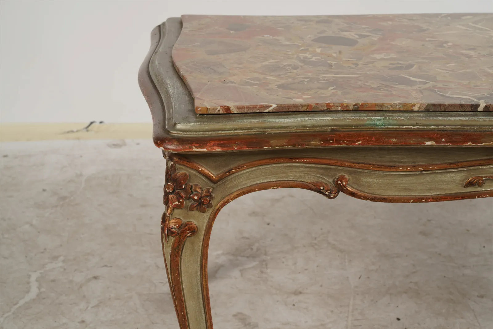 AF1-041: Antique French Rococo Style Coffee Table w/ Marble Top and Polychrome Gilt Painted Finish Circa 1900