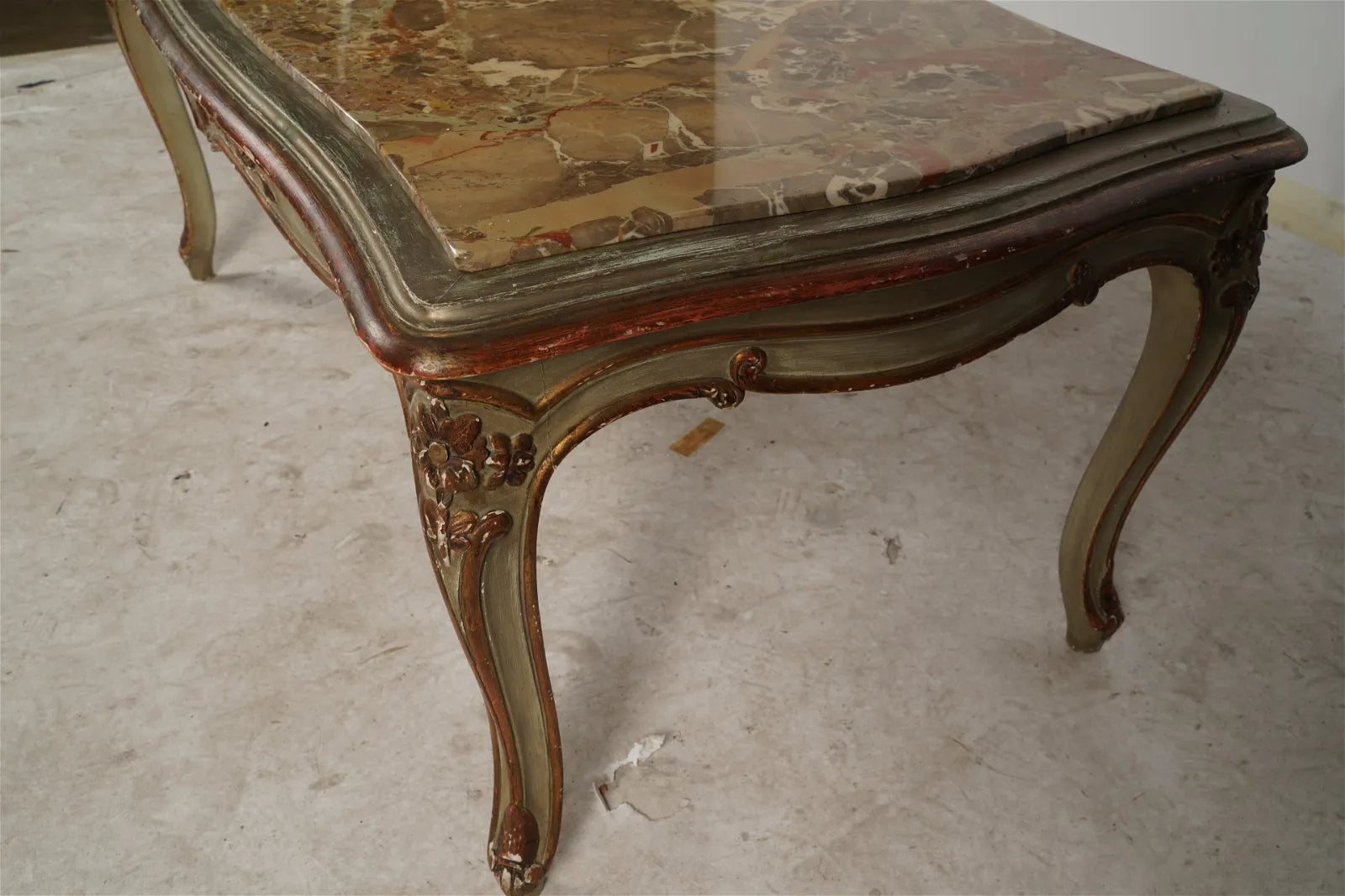 AF1-041: Antique French Rococo Style Coffee Table w/ Marble Top and Polychrome Gilt Painted Finish Circa 1900