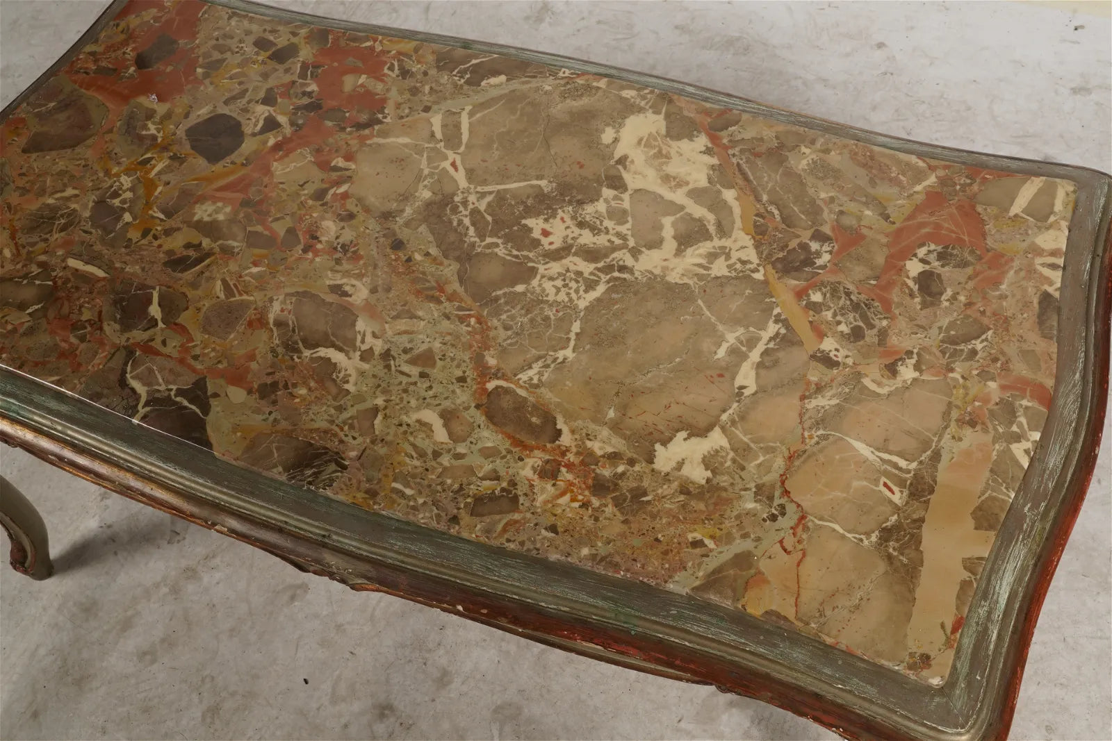 AF1-041: Antique French Rococo Style Coffee Table w/ Marble Top and Polychrome Gilt Painted Finish Circa 1900