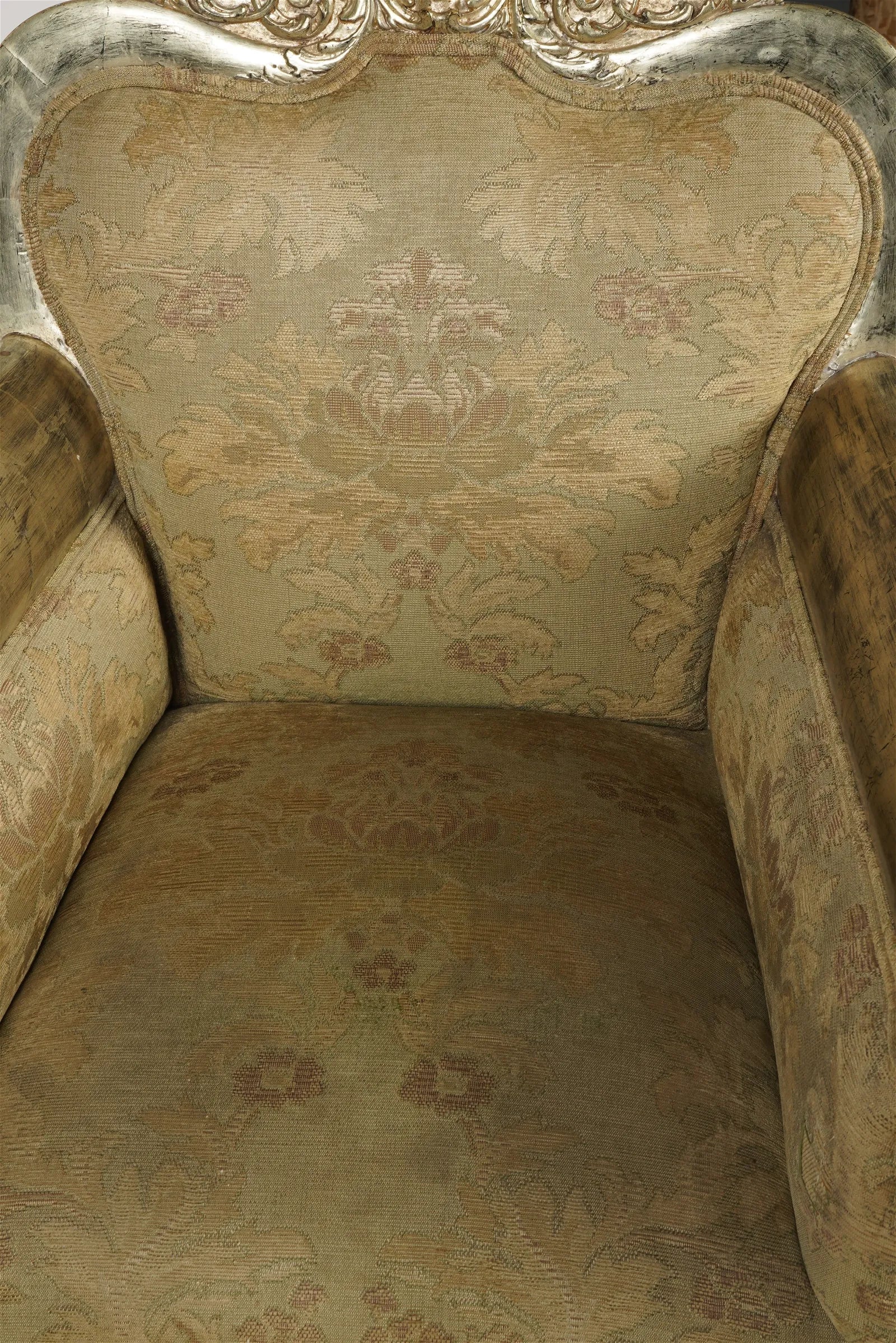 AF2-034: Antique Mid 19th Century French Rococo Revival Upholstered Silver Leaf Carved Arm Chair