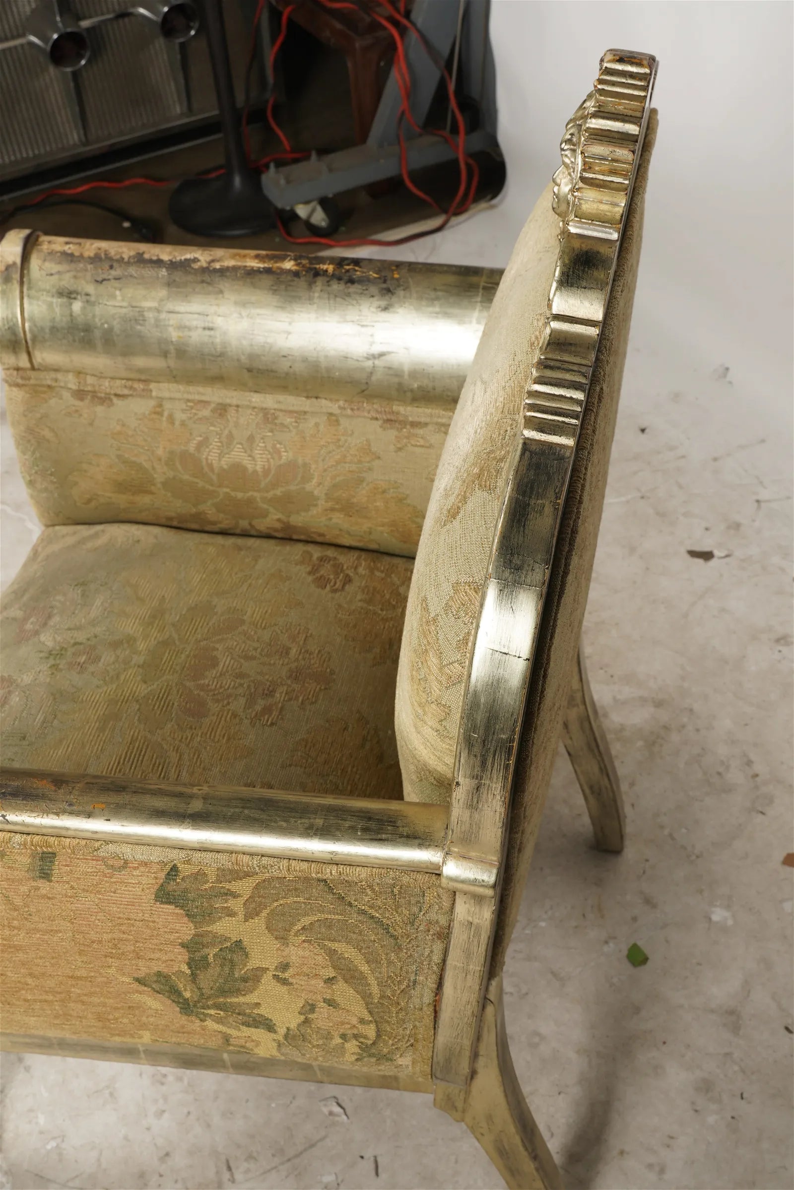 AF2-034: Antique Mid 19th Century French Rococo Revival Upholstered Silver Leaf Carved Arm Chair