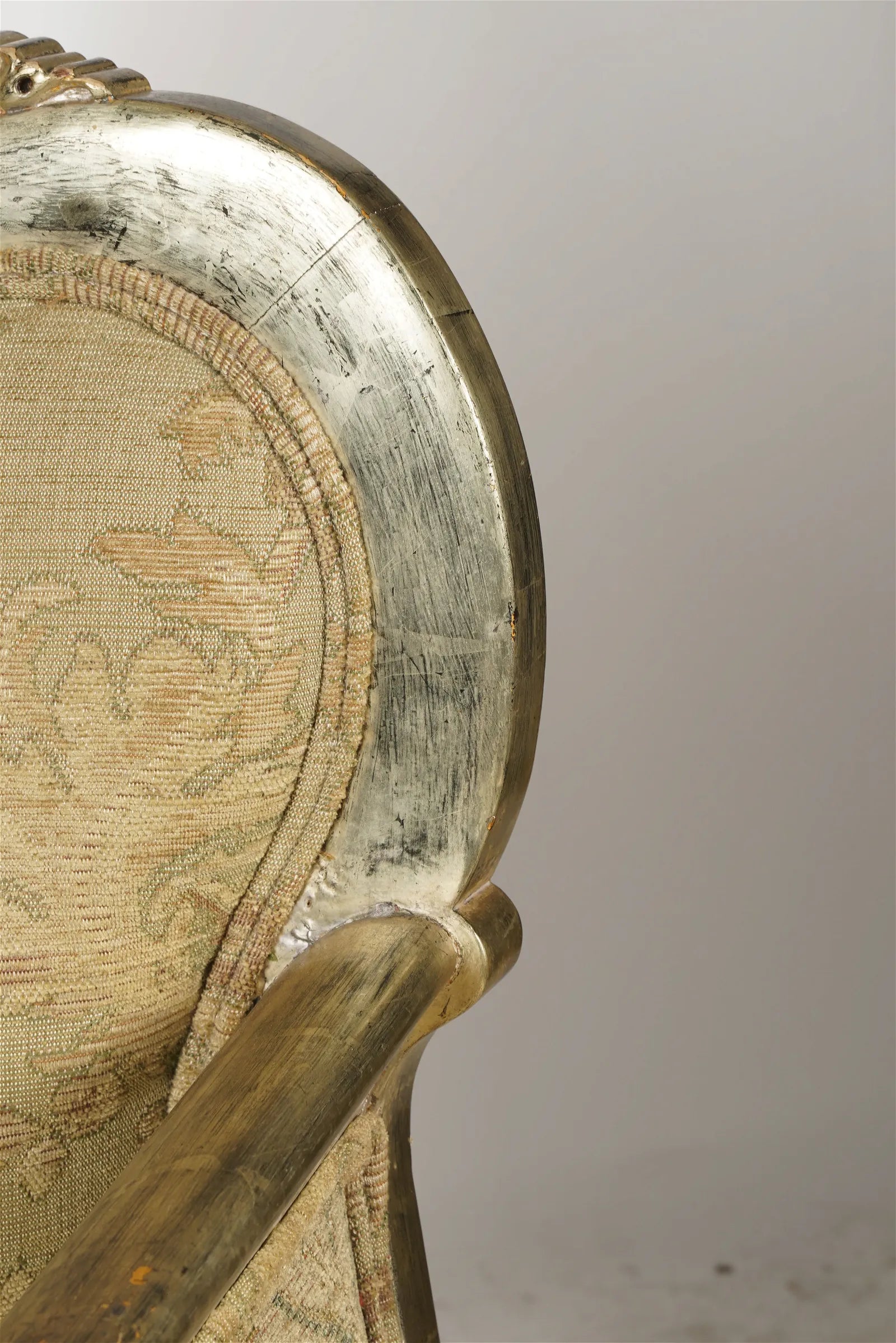 AF2-034: Antique Mid 19th Century French Rococo Revival Upholstered Silver Leaf Carved Arm Chair