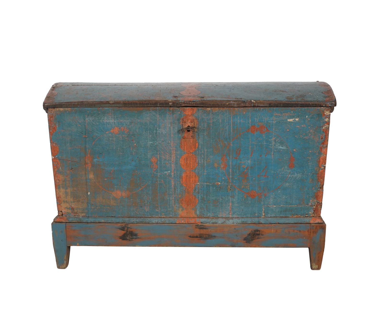 AF4-202: Antique Early 18th C American Colonial Pine Blanket Chest with Original Blue Painted Finish