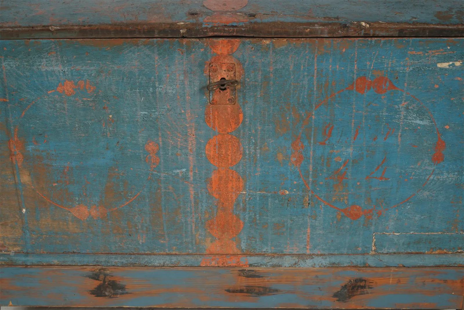 AF4-202: Antique Early 18th C American Colonial Pine Blanket Chest with Original Blue Painted Finish