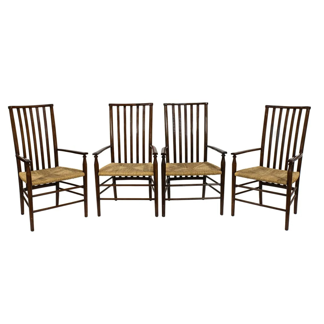 AF2-256: Pair of Late 20th Century Liberty & Co. Style Mahogany Elbow Chairs With Rush Seats