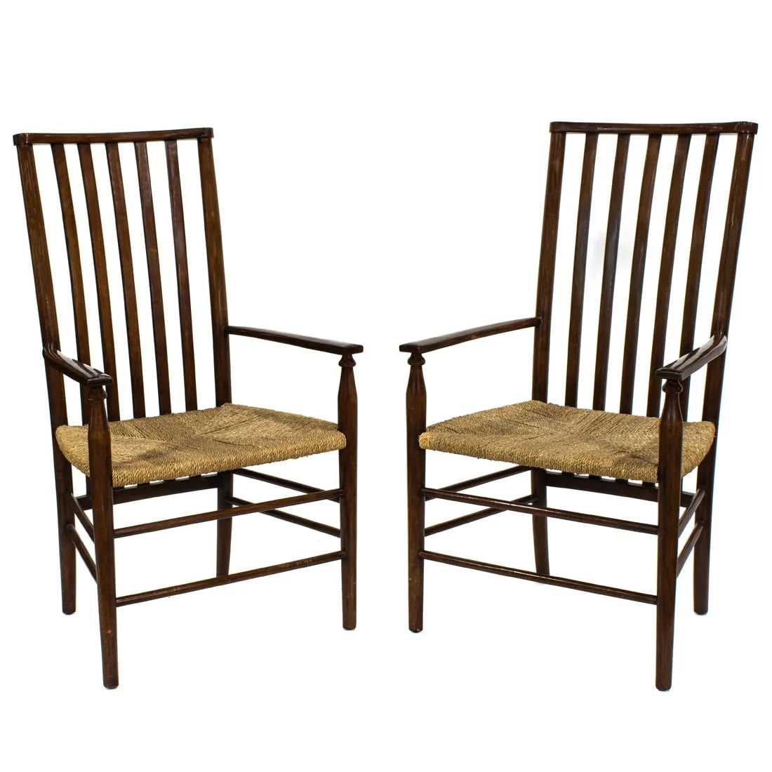 AF2-256: Pair of Late 20th Century Liberty & Co. Style Mahogany Elbow Chairs With Rush Seats