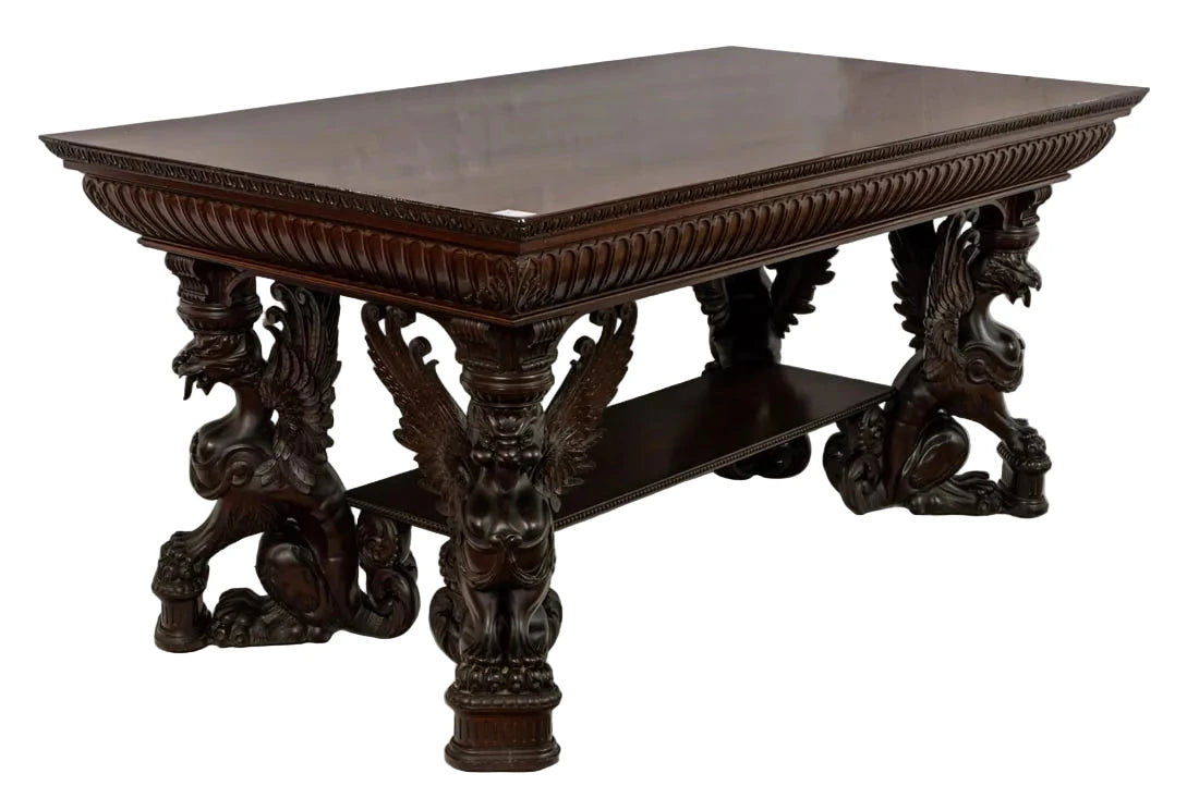Antique  R.J. Horner Carved Mahogany Library Table With Winged Griffin | Work of Man