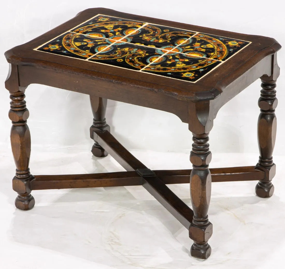 AF1-287: Antique Early 20th Century Mahogany Spanish Colonial Revival Tile Top Low Table W/ Taylor Tiles