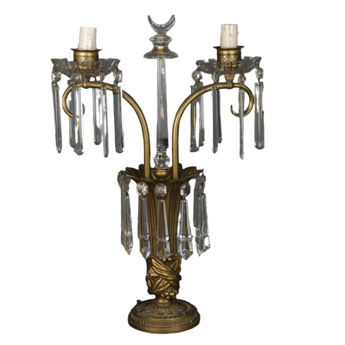 Early 20th Century Brass and Crystal Two Light Girandole | Work of Man