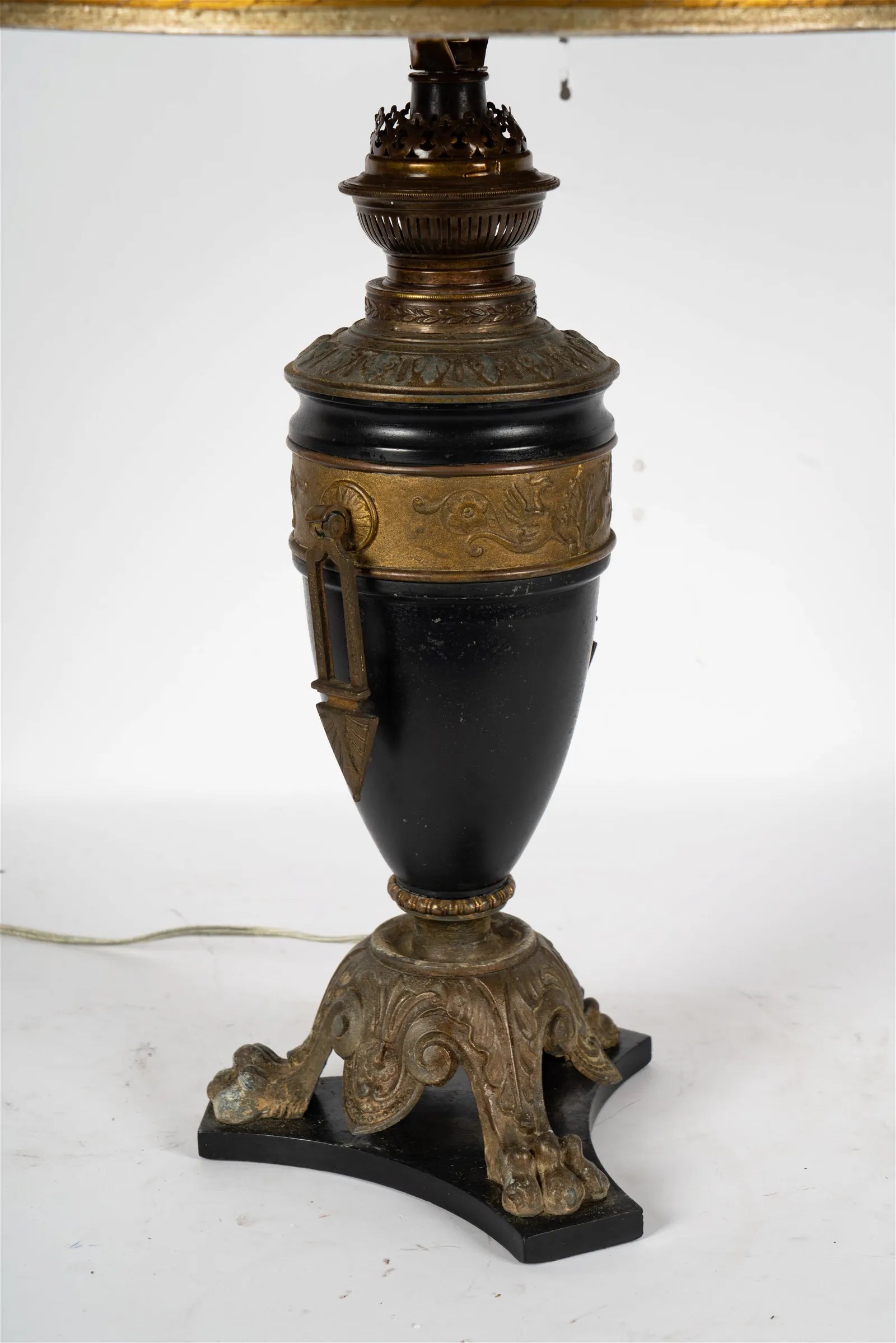 AL2-024: Mid 19th Century French Empire Style Urn Form Converted Kerosene Lamp With Newer Hand Painted Gilt Shade