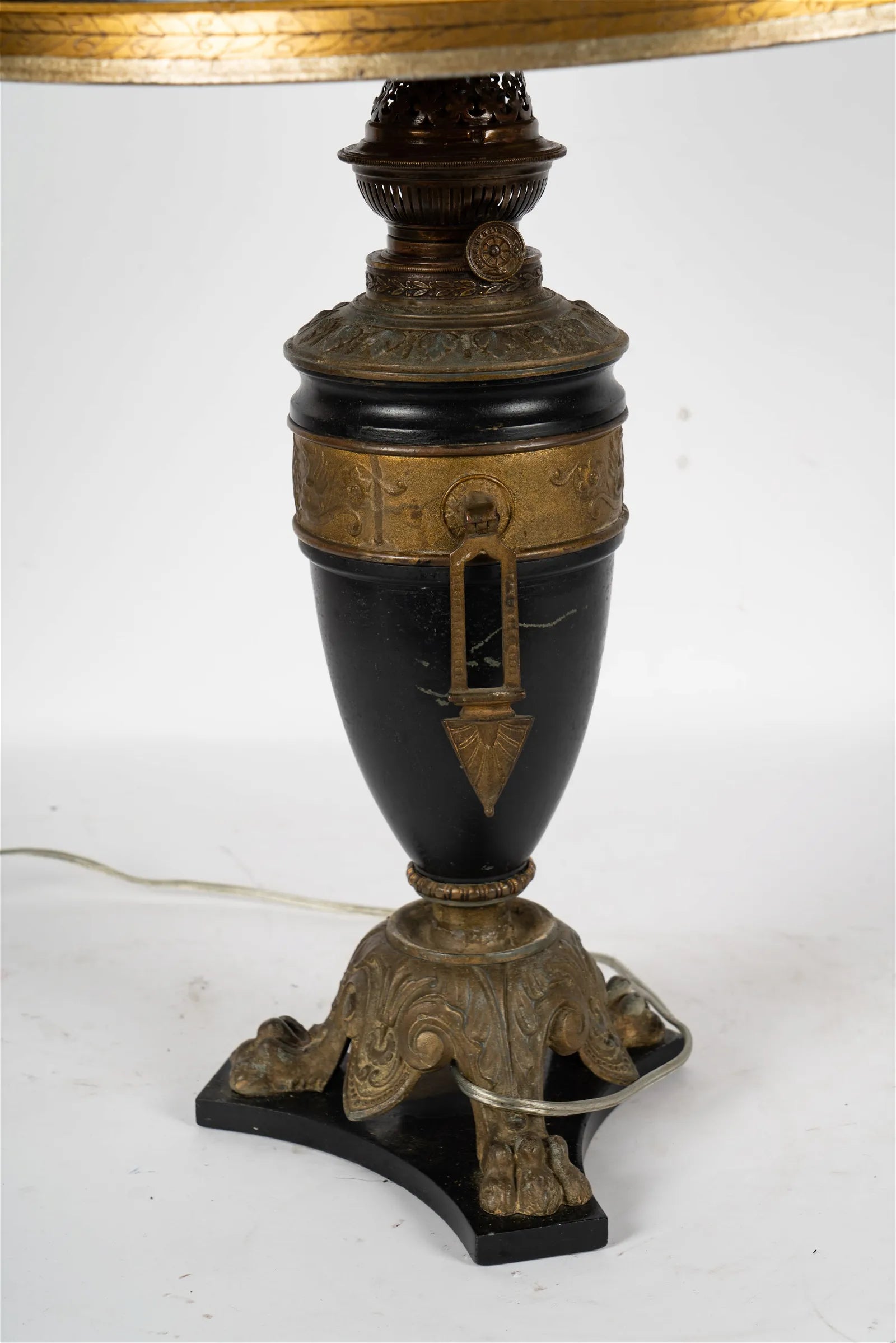 AL2-024: Mid 19th Century French Empire Style Urn Form Converted Kerosene Lamp With Newer Hand Painted Gilt Shade