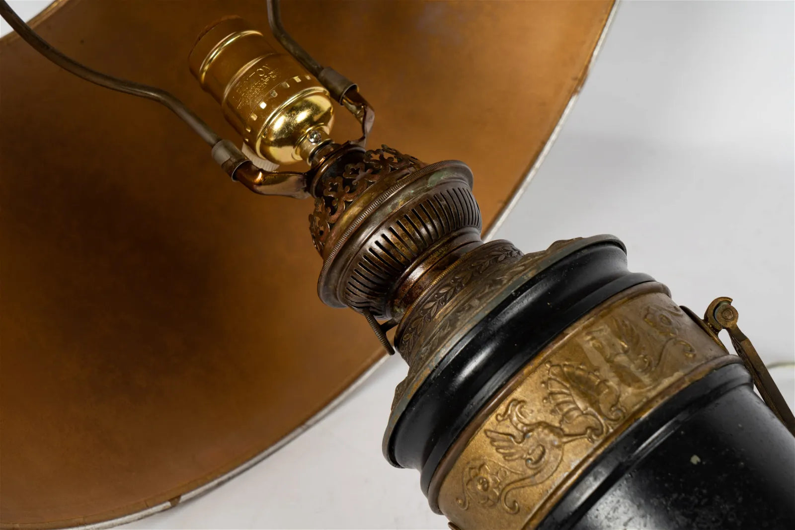AL2-024: Mid 19th Century French Empire Style Urn Form Converted Kerosene Lamp With Newer Hand Painted Gilt Shade