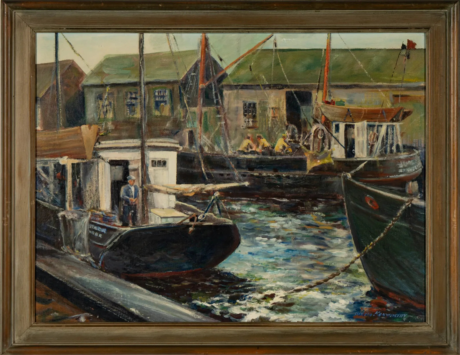 AW614: Harold Kenworthy (Early 20th Century - WPA) Fishing Boats at Dock Oil on Board Painting
