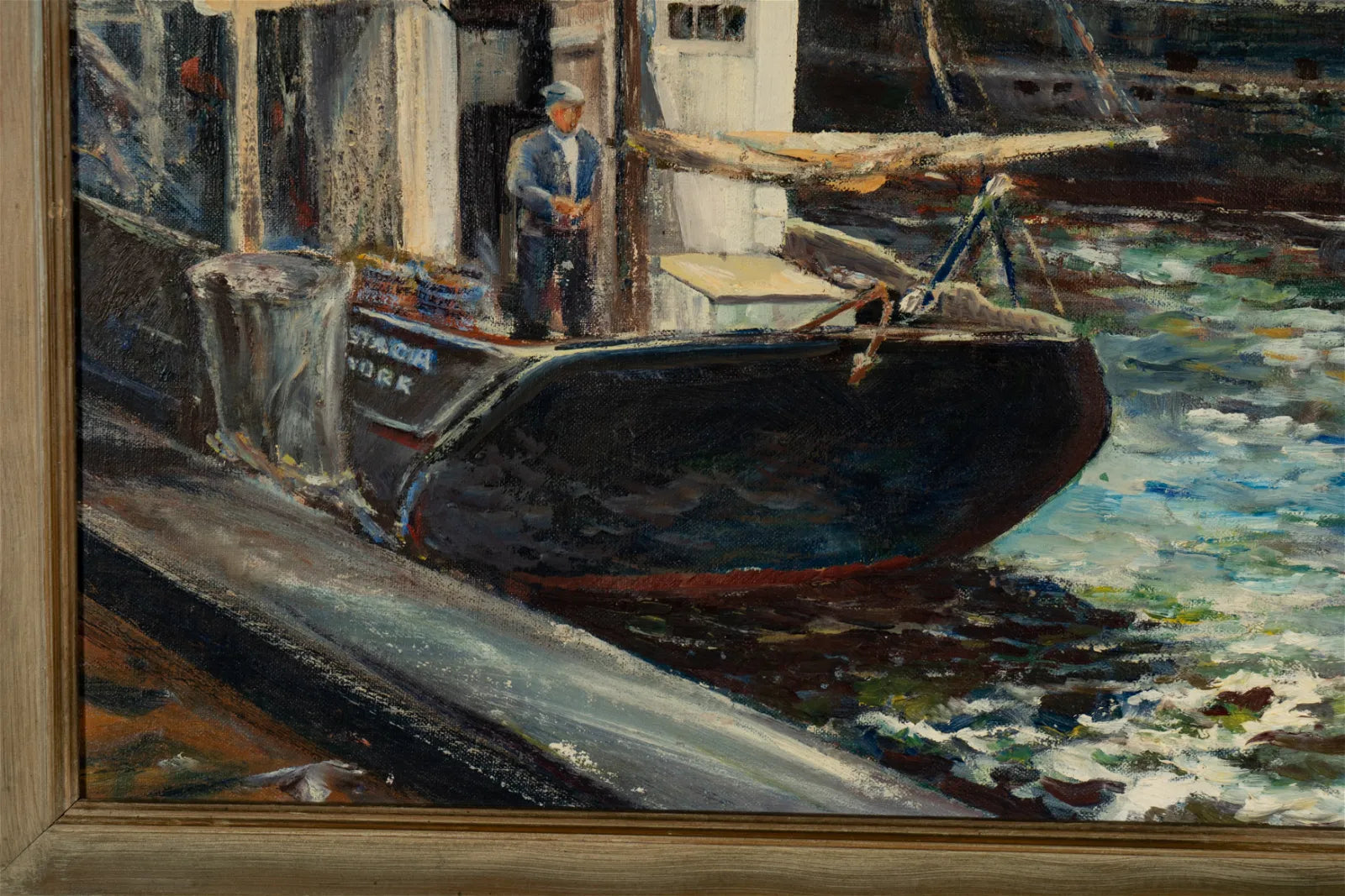 AW614: Harold Kenworthy (Early 20th Century - WPA) Fishing Boats at Dock Oil on Board Painting
