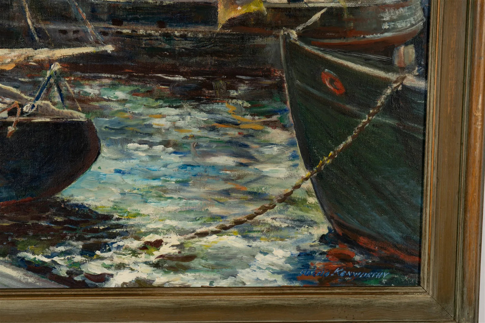 AW614: Harold Kenworthy (Early 20th Century - WPA) Fishing Boats at Dock Oil on Board Painting