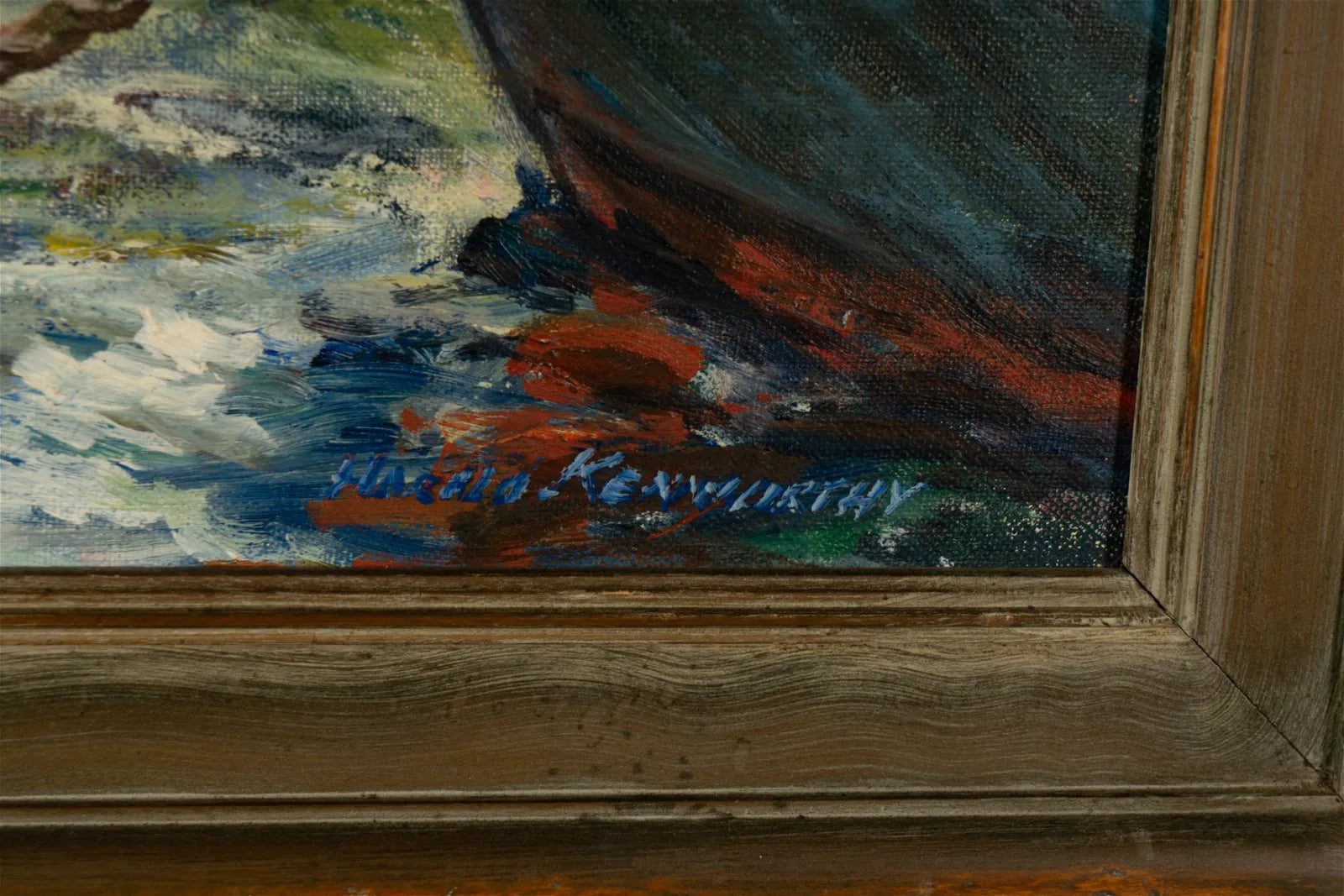 AW614: Harold Kenworthy (Early 20th Century - WPA) Fishing Boats at Dock Oil on Board Painting