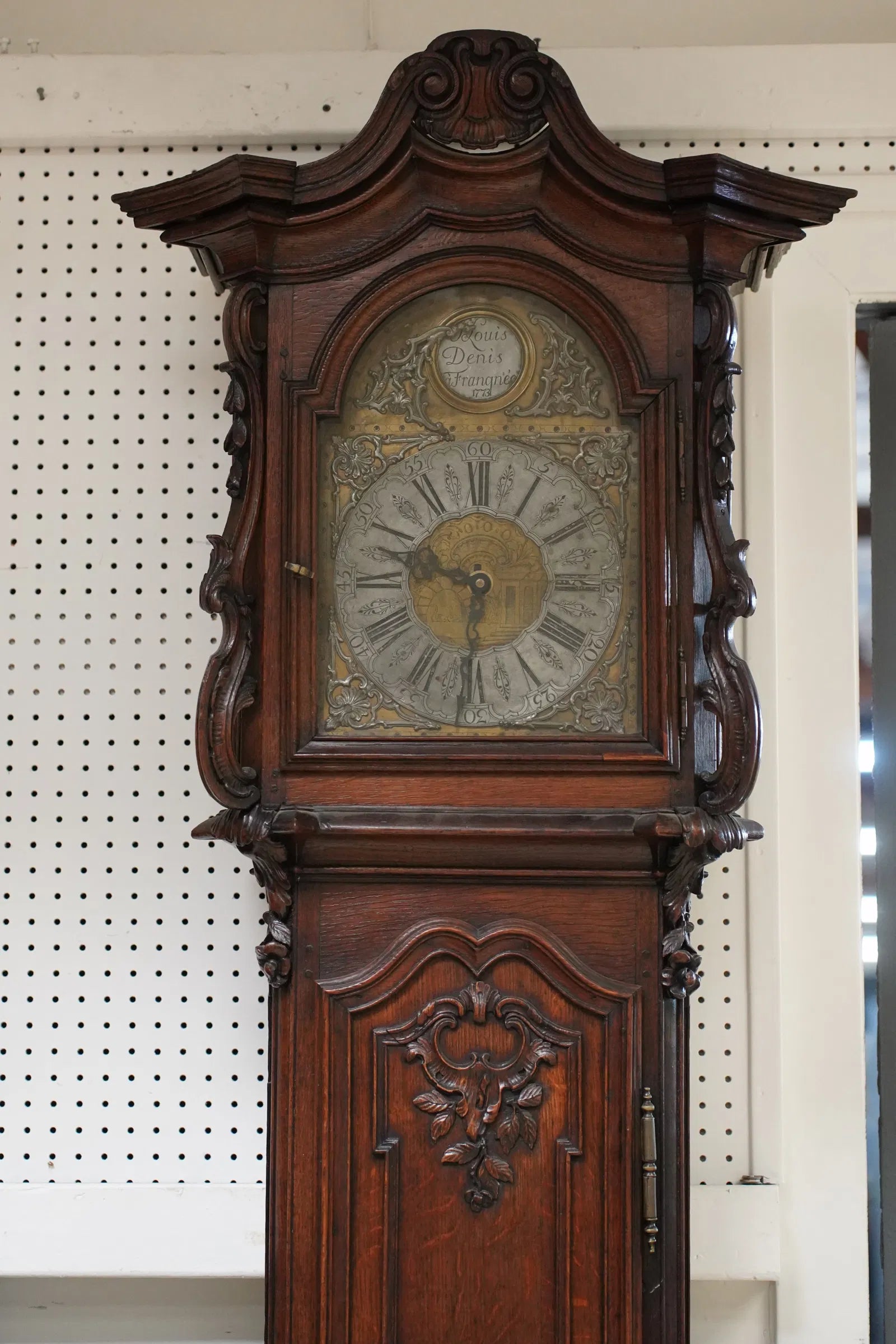 TK1-044: Late 18th Century French Louis XV Provincial Carved Oak Tall Case Clock