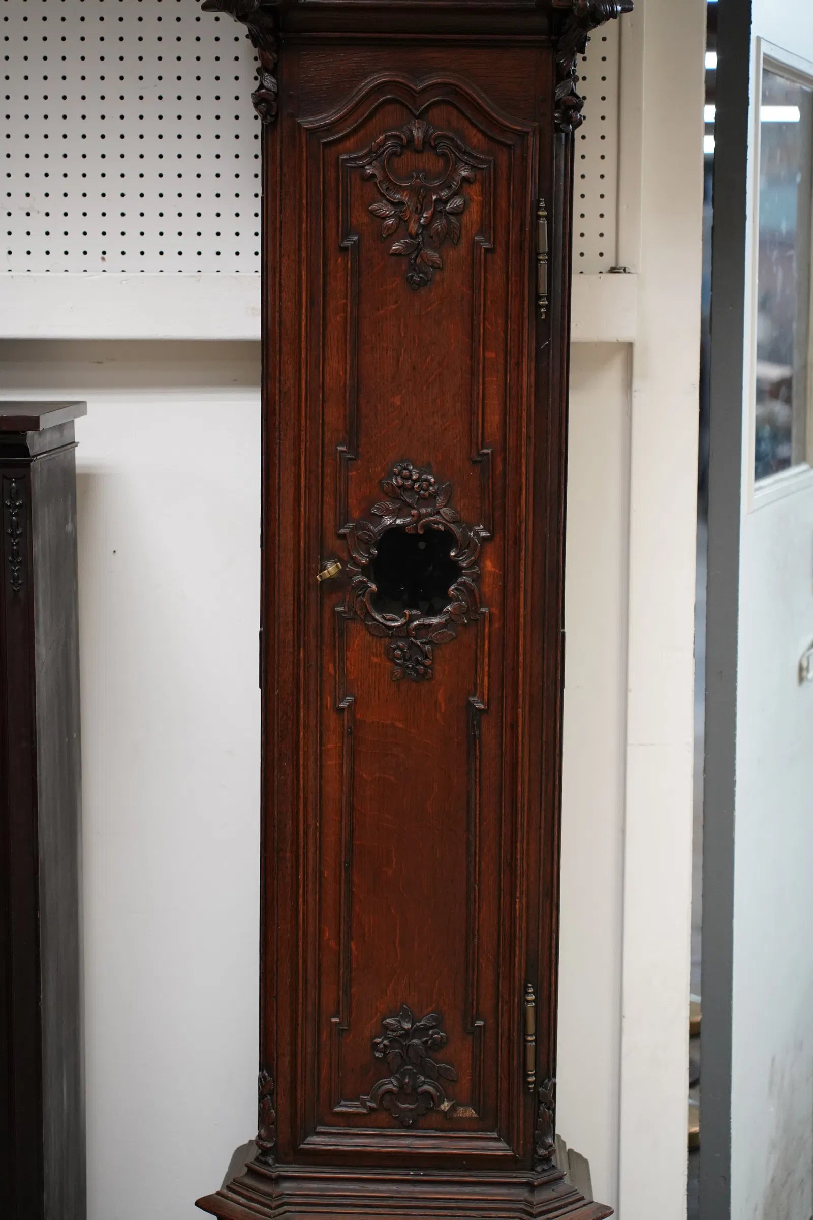 TK1-044: Late 18th Century French Louis XV Provincial Carved Oak Tall Case Clock