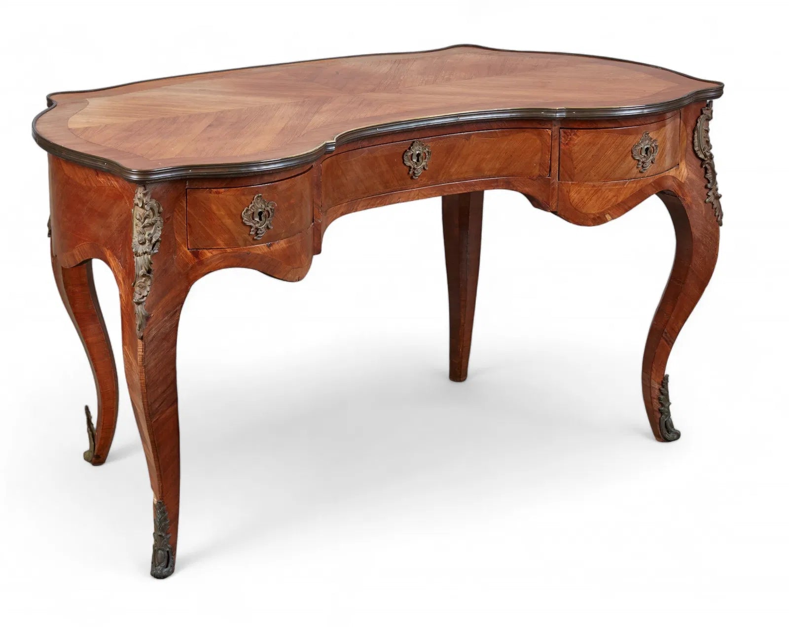 AF5-034: Antique Circa 1900 Louis XV Kingwood Parquetry Bureau a Rognon Desk With Gilt Bronze Mounts