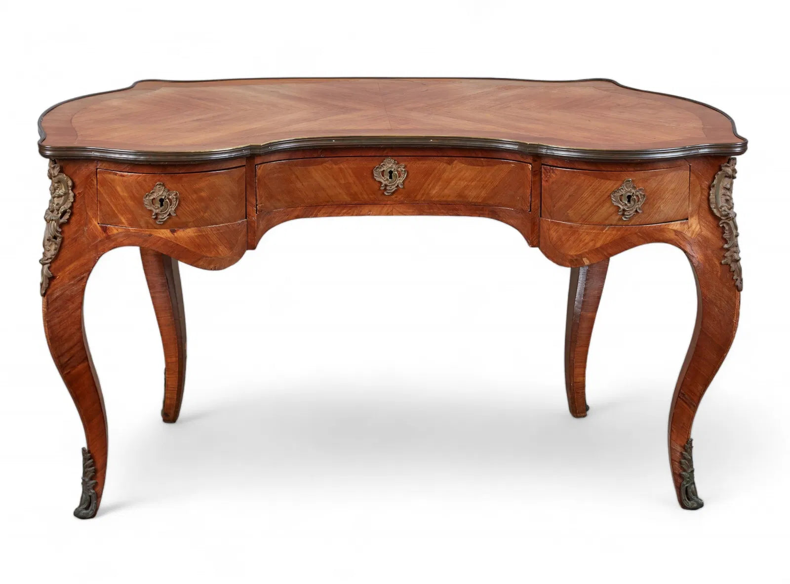 AF5-034: Antique Circa 1900 Louis XV Kingwood Parquetry Bureau a Rognon Desk With Gilt Bronze Mounts