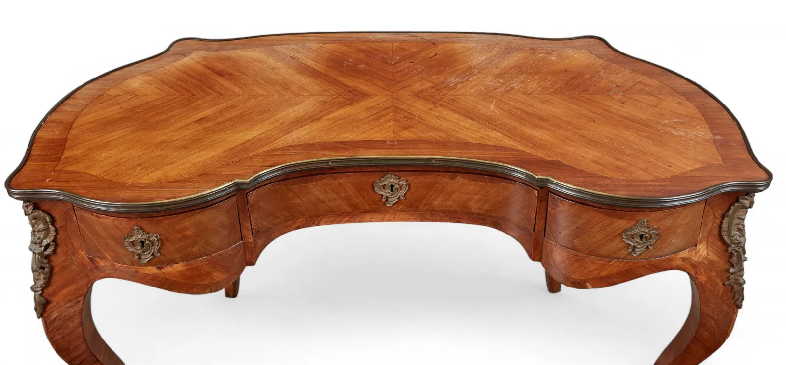 AF5-034: Antique Circa 1900 Louis XV Kingwood Parquetry Bureau a Rognon Desk With Gilt Bronze Mounts