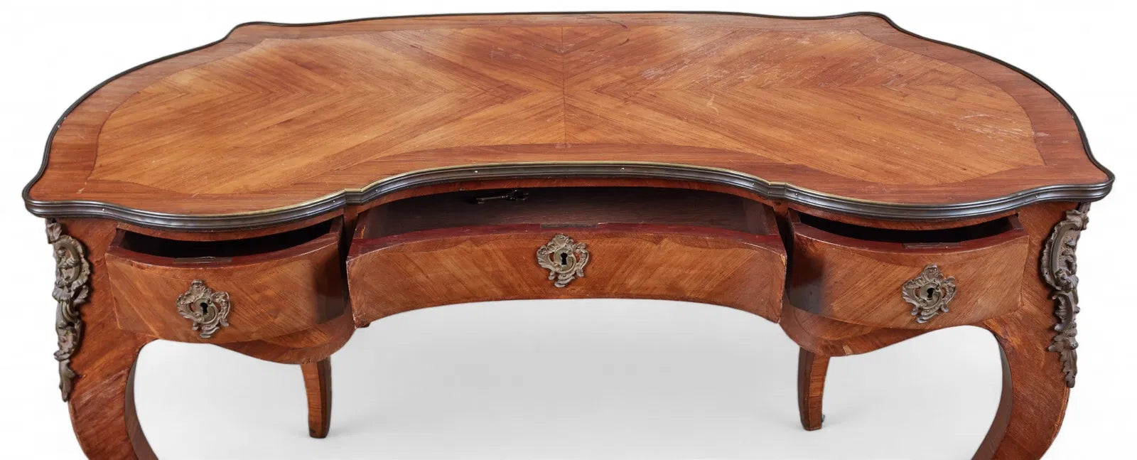 AF5-034: Antique Circa 1900 Louis XV Kingwood Parquetry Bureau a Rognon Desk With Gilt Bronze Mounts