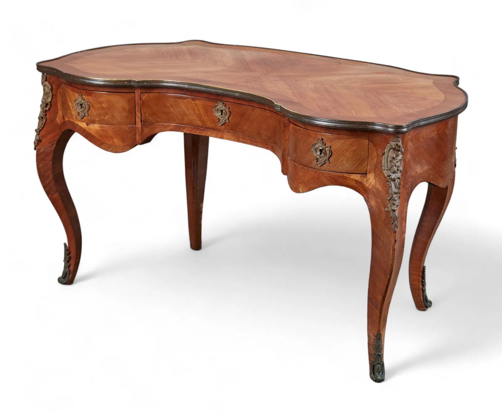 AF5-034: Antique Circa 1900 Louis XV Kingwood Parquetry Bureau a Rognon Desk With Gilt Bronze Mounts