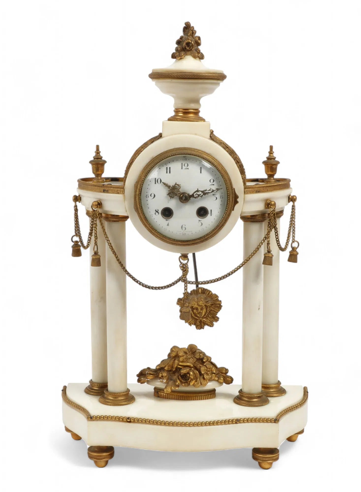TK2-024:  Antique French Napoleon III Gilt Bronze White Marble Portico Clock Circa 1850