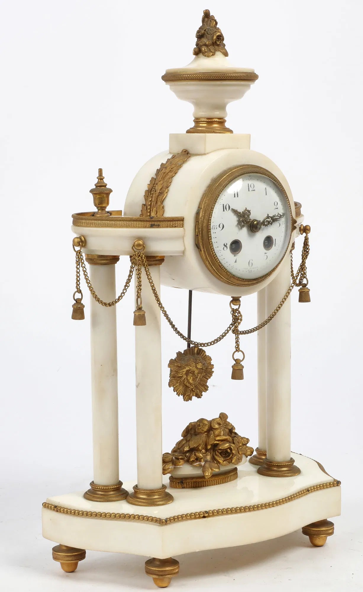 TK2-024:  Antique French Napoleon III Gilt Bronze White Marble Portico Clock Circa 1850
