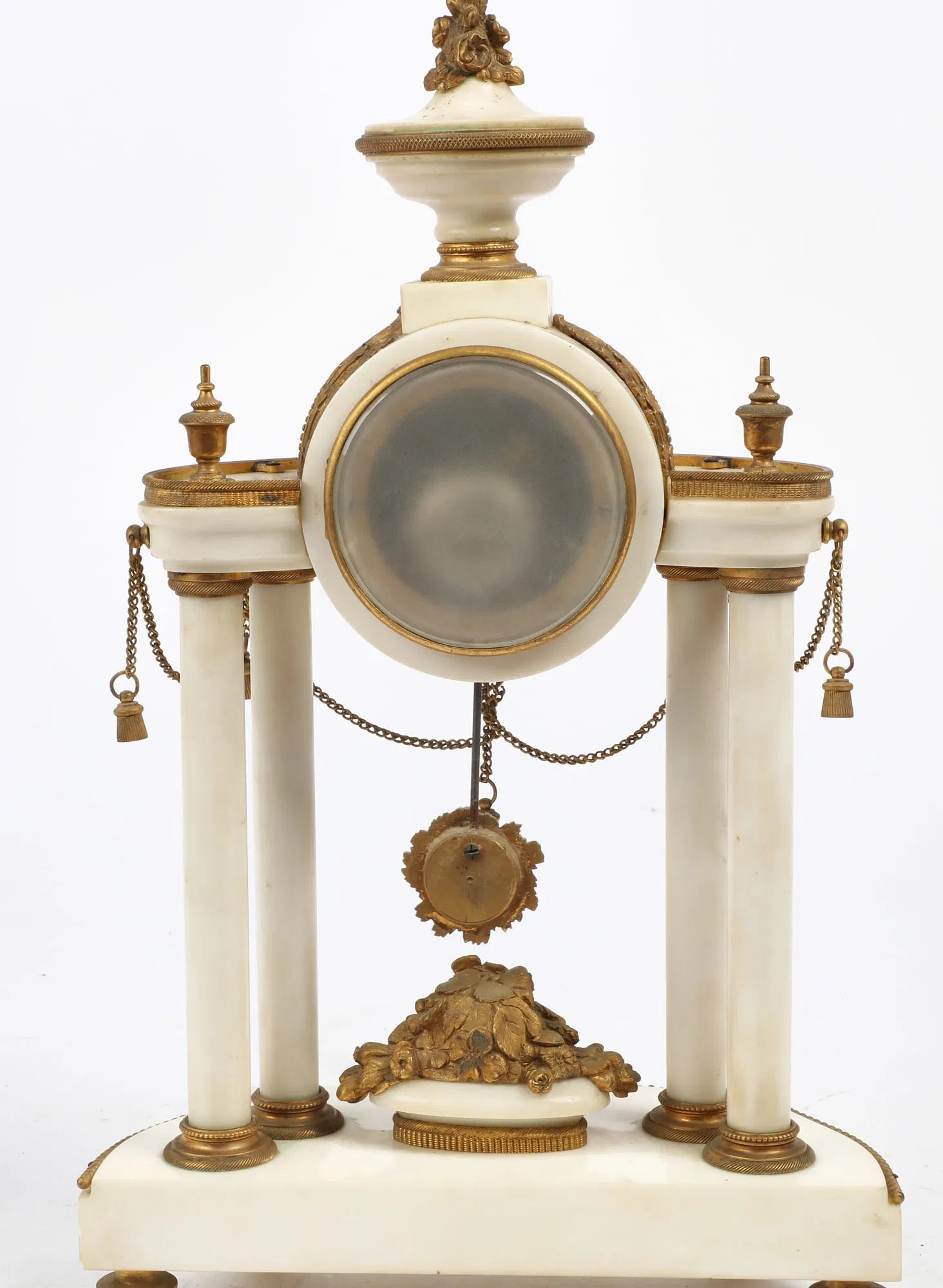 TK2-024:  Antique French Napoleon III Gilt Bronze White Marble Portico Clock Circa 1850