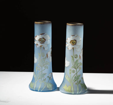 Antique Art Nouveau Enamel Decorated Blue Glass Vases | Work of Man