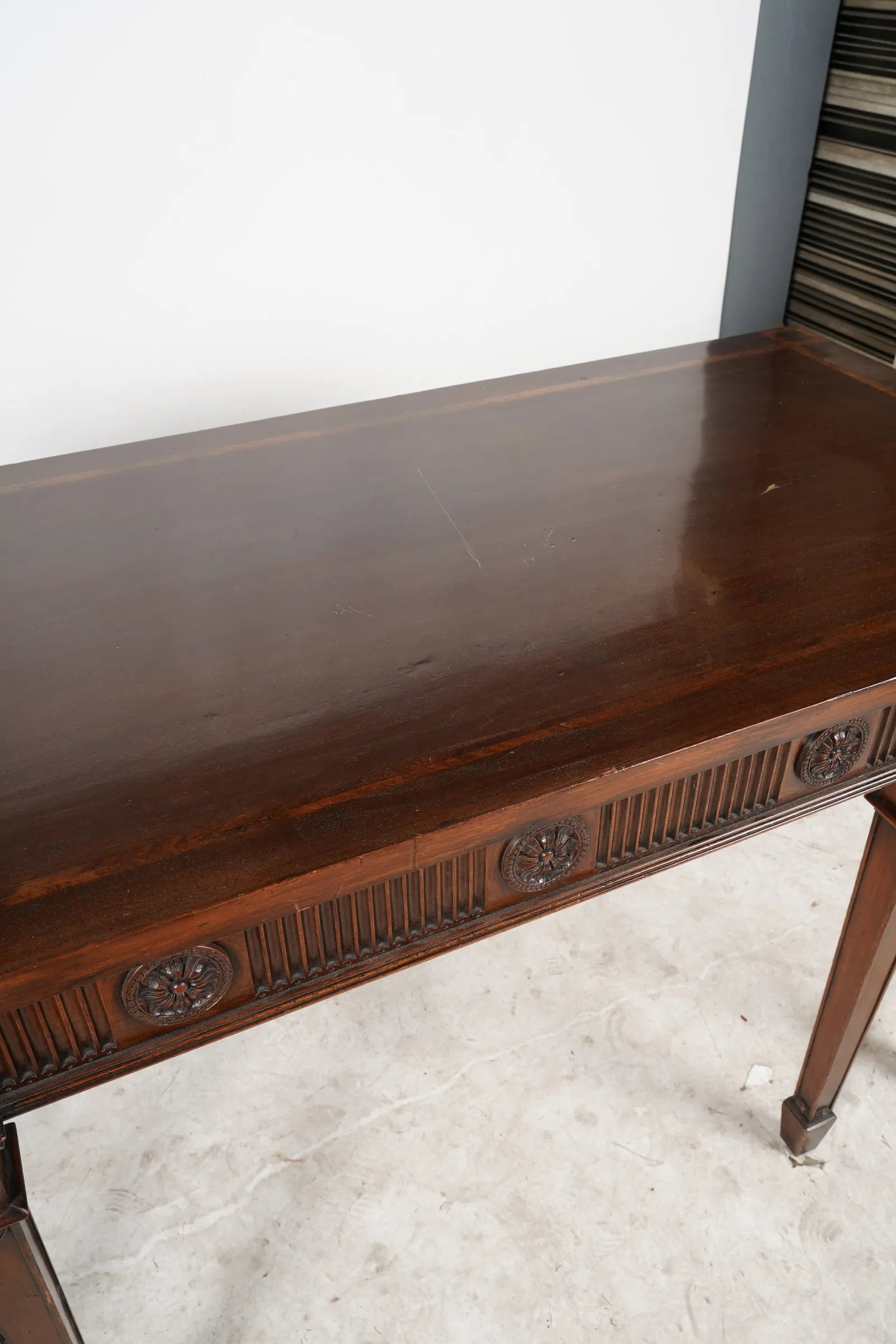 AF1-034: English Edwardian Carved Inlaid Mahogany Serving Table Late 19th Century