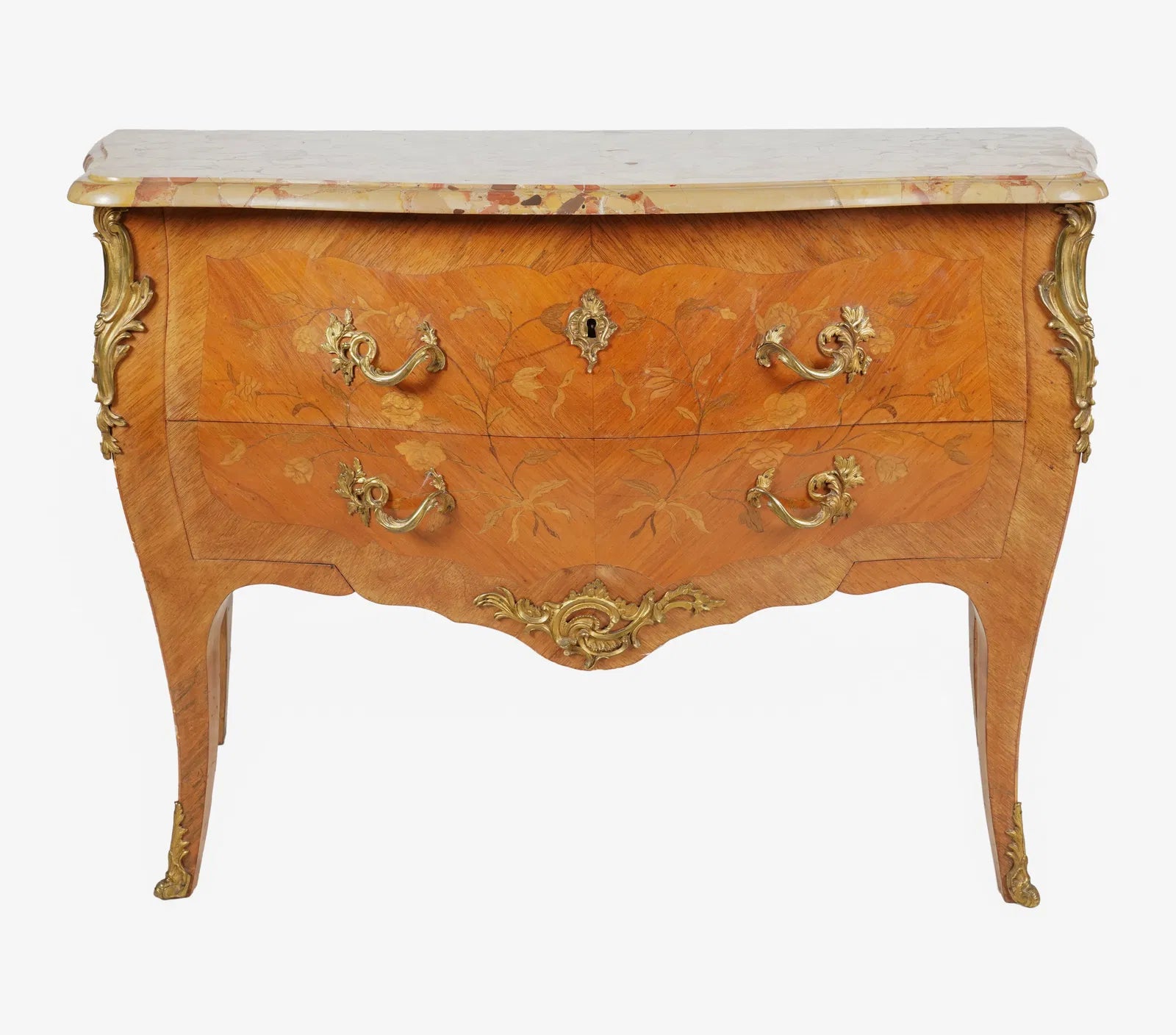 Antique Early 20th Century Louis XV Kingwood Marble Top Bombe Chest of Drawers | Work of Man