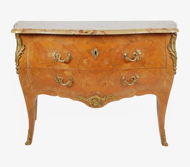 Antique Early 20th Century Louis XV Kingwood Marble Top Bombe Chest of Drawers | Work of Man