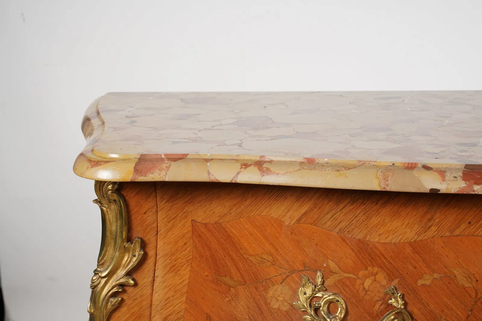 AF4-014: Antique Early 20th Century Louis XV Kingwood Marble Top Bombe Chest of Drawers