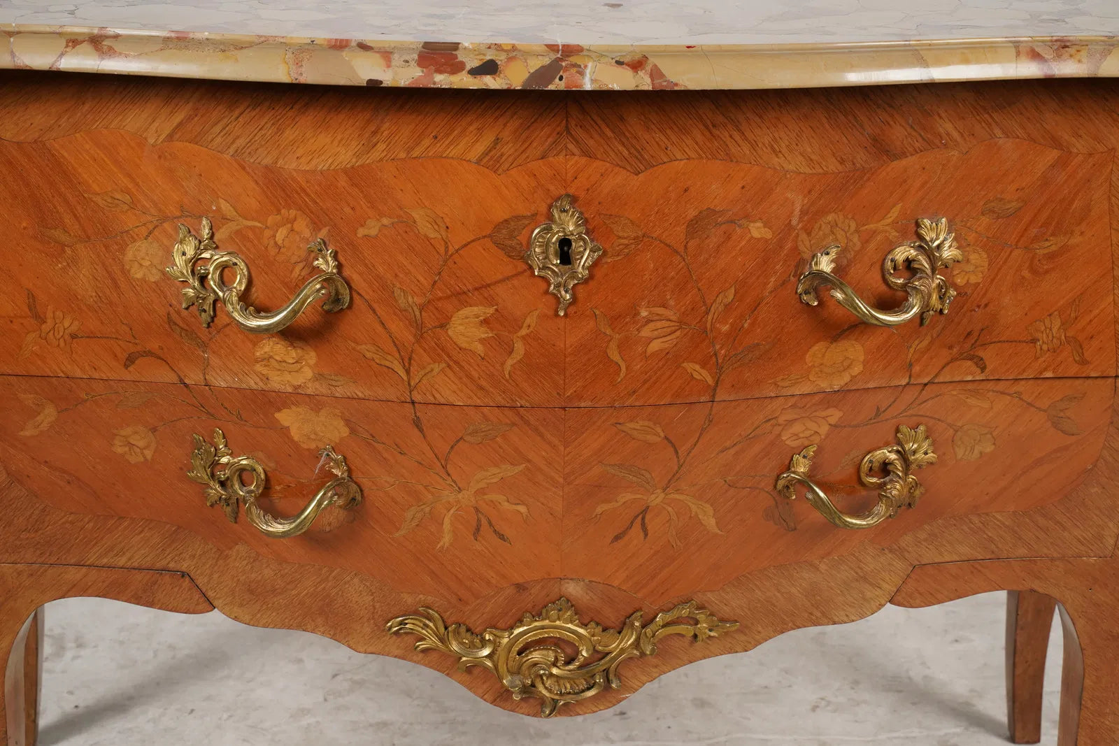 AF4-014: Antique Early 20th Century Louis XV Kingwood Marble Top Bombe Chest of Drawers