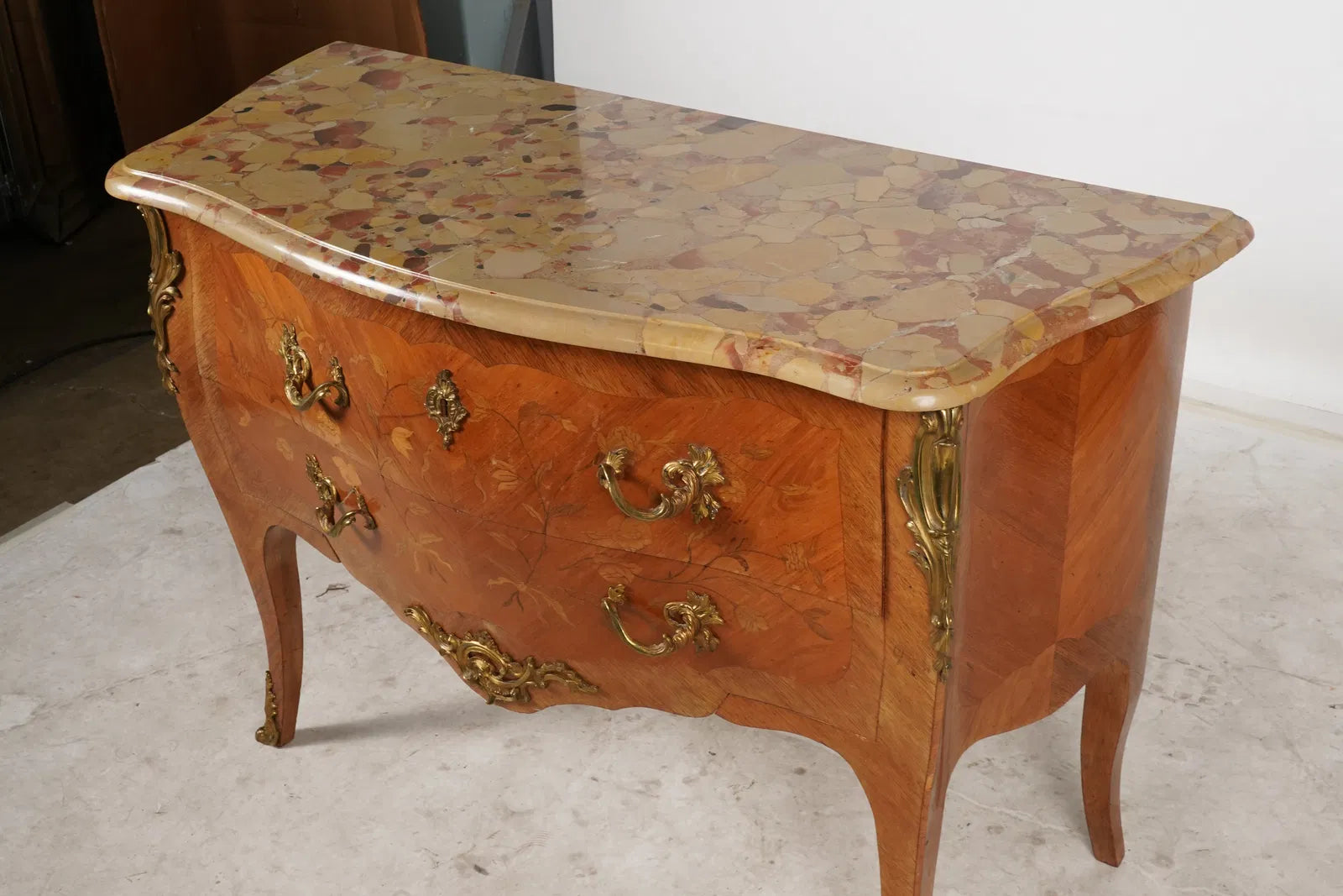 AF4-014: Antique Early 20th Century Louis XV Kingwood Marble Top Bombe Chest of Drawers