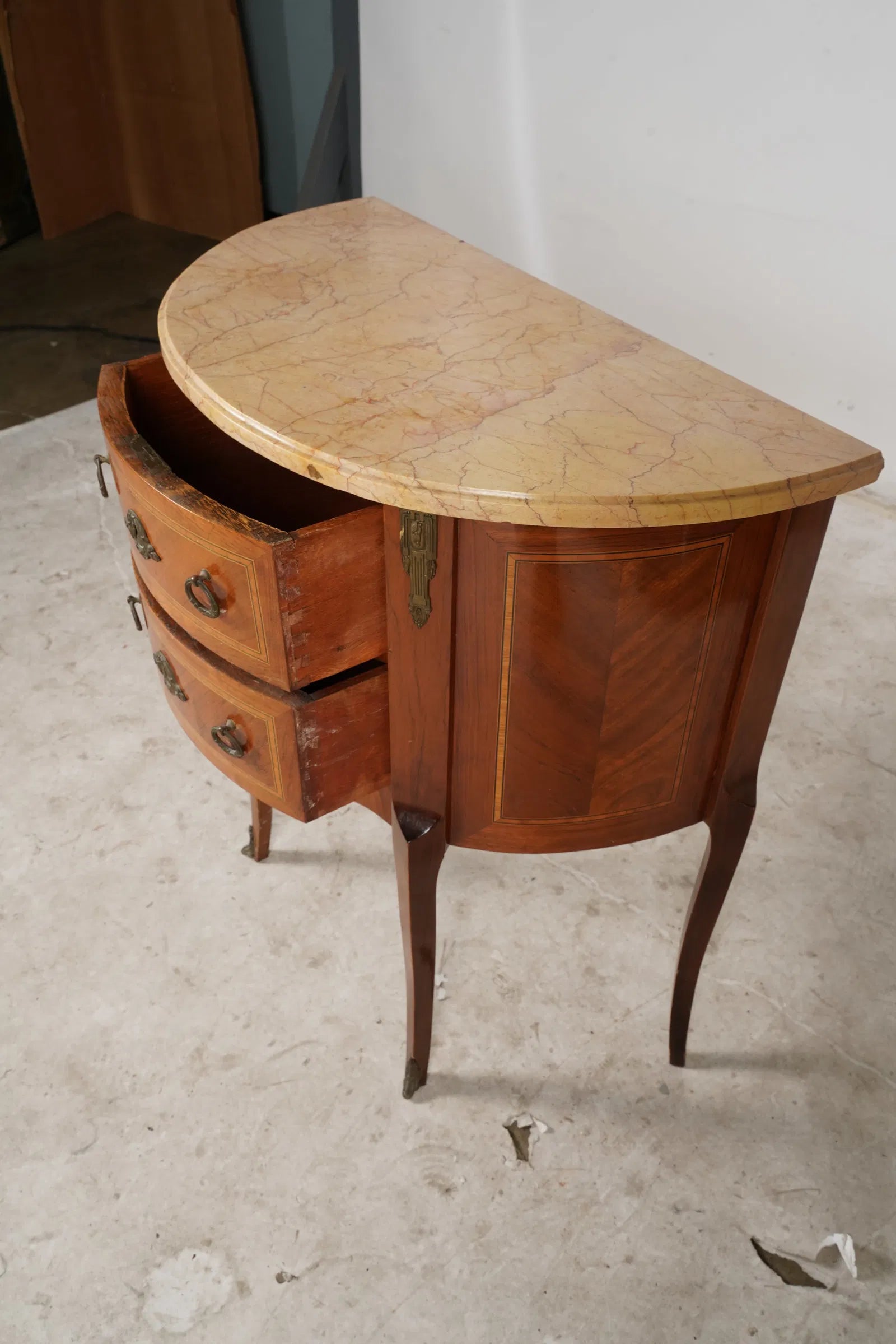 AF4-034: Antique Early 20th Century Louis XV Kingwood Demilune Marble Top Petite Commode