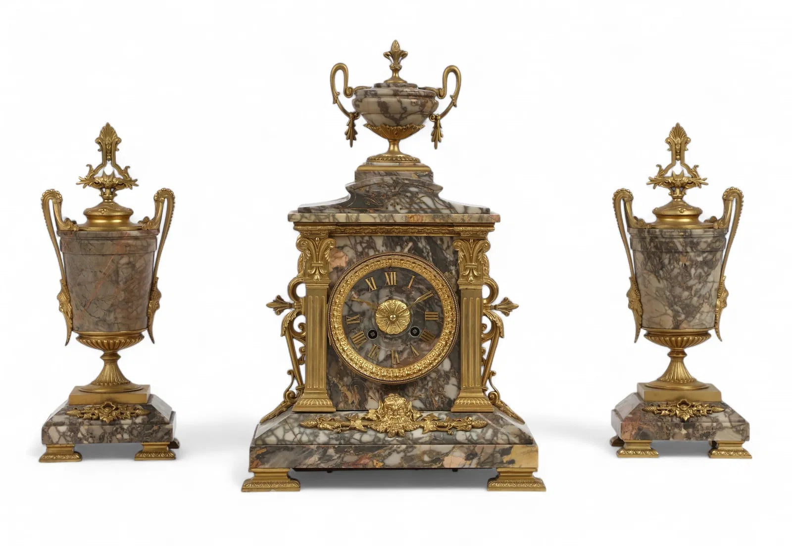 Antique  French Gilt Bronze Marble Mantle Clock and Garniture Set | Work of Man