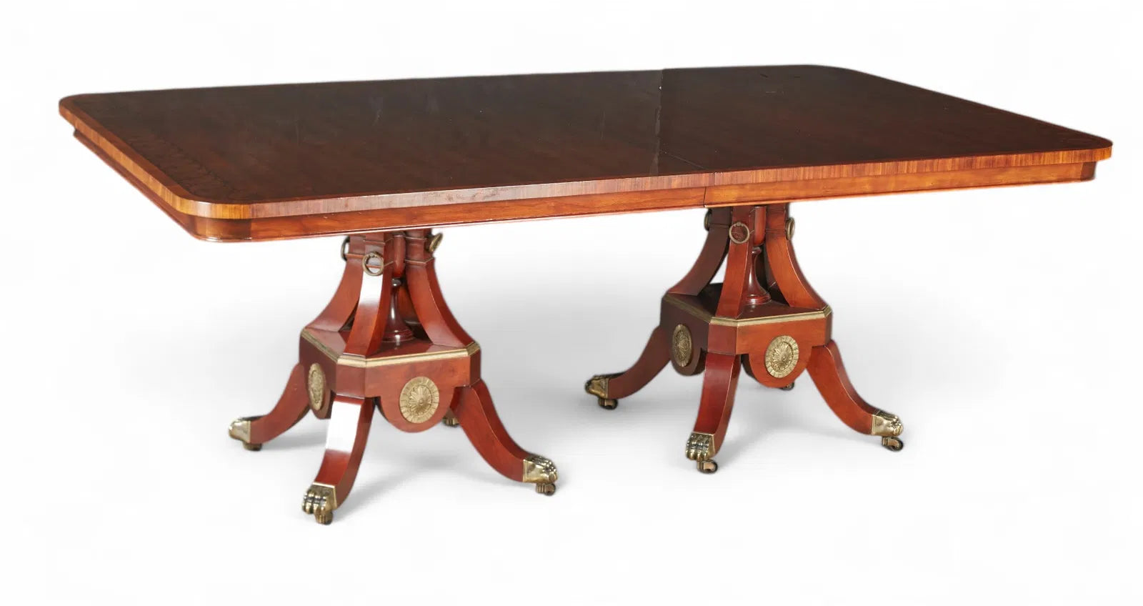 AF1-057: John Widdicomb Neoclassical Pedestal Inlaid Mahogany Extension Dining Table 20th Century