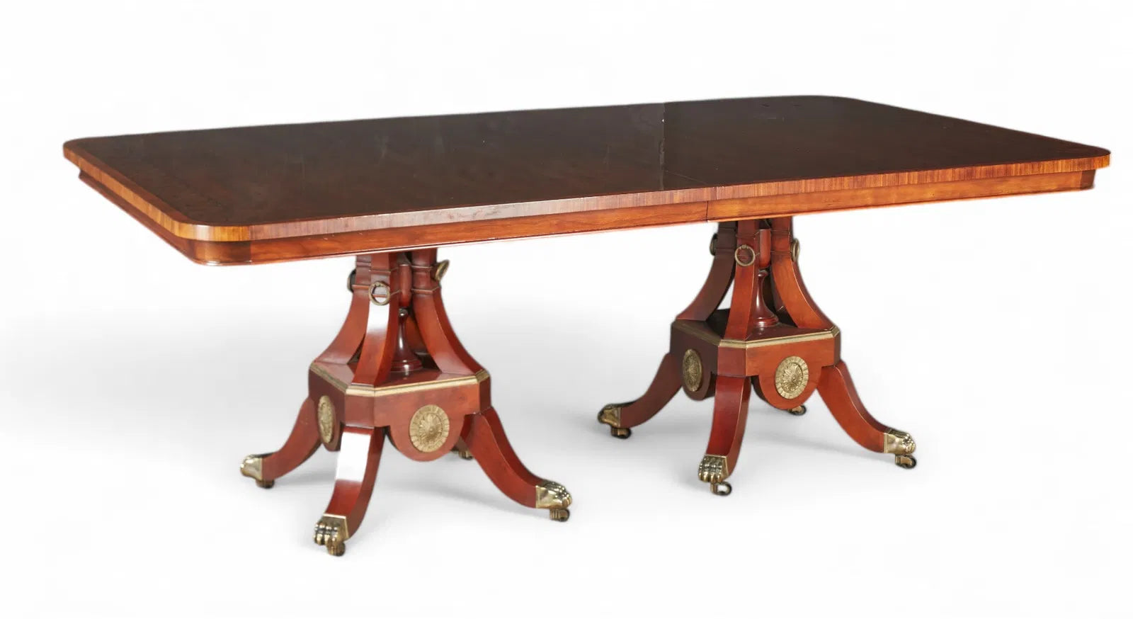 AF1-057: John Widdicomb Neoclassical Pedestal Inlaid Mahogany Extension Dining Table 20th Century