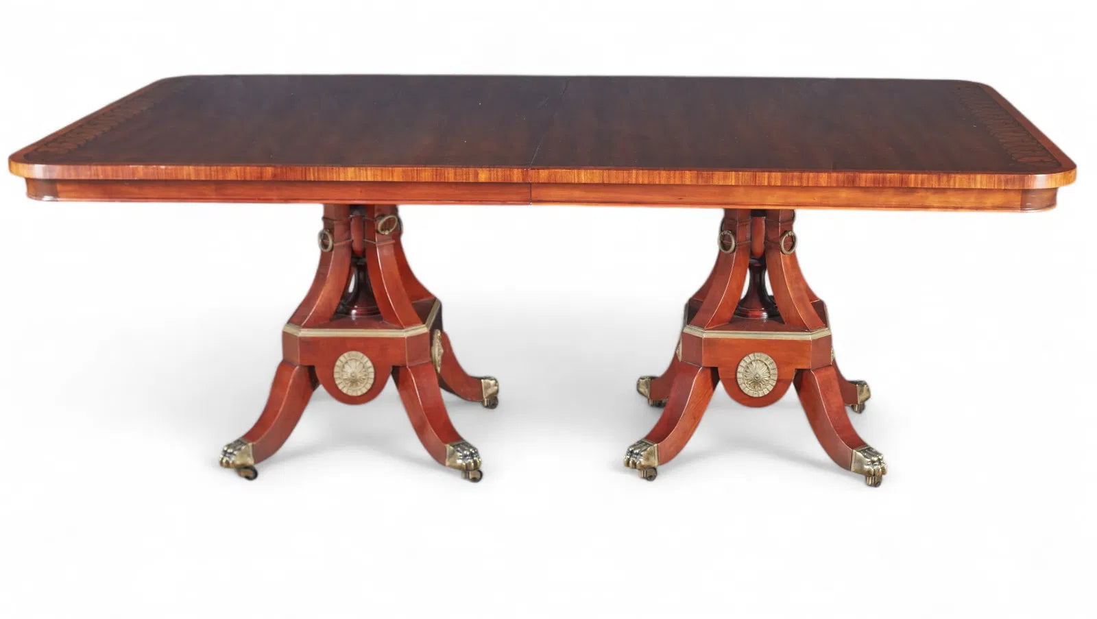 AF1-057: John Widdicomb Neoclassical Pedestal Inlaid Mahogany Extension Dining Table 20th Century