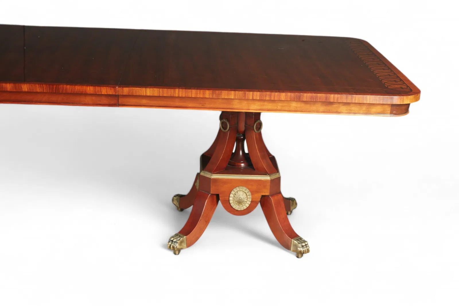 AF1-057: John Widdicomb Neoclassical Pedestal Inlaid Mahogany Extension Dining Table 20th Century